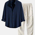 Ensemble — chemise côtelée à col officier et manches longues coupe ajustée & pantalon en lin