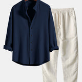 Ensemble — chemise côtelée à col officier et manches longues coupe ajustée & pantalon en lin