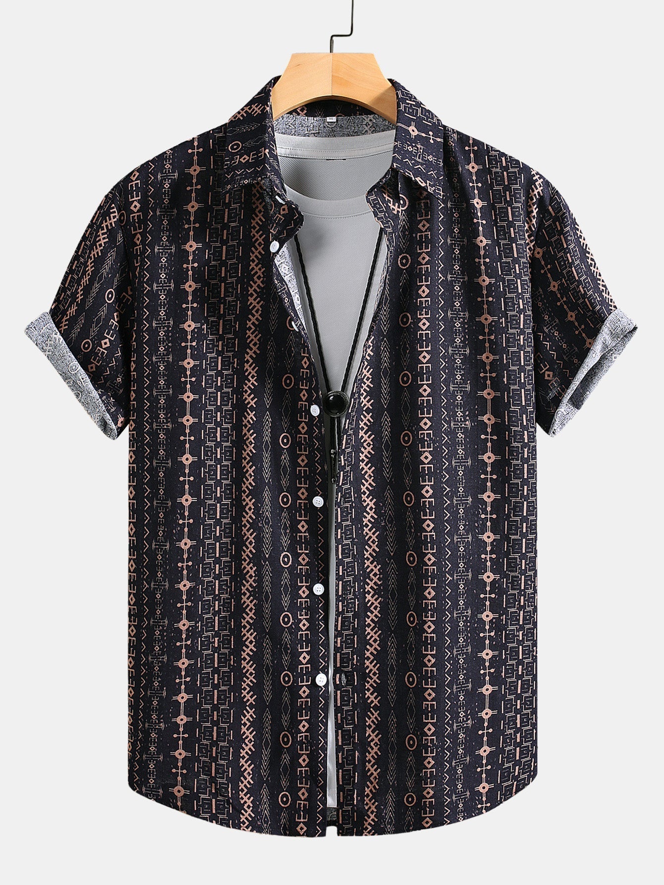 Chemise boutonnée en lin à imprimé géométrique ethnique