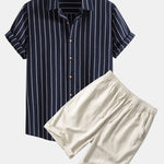 Ensemble — chemise rayée en coton mélangé & short en lin et coton