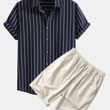 Ensemble — chemise rayée en coton mélangé & short en lin et coton