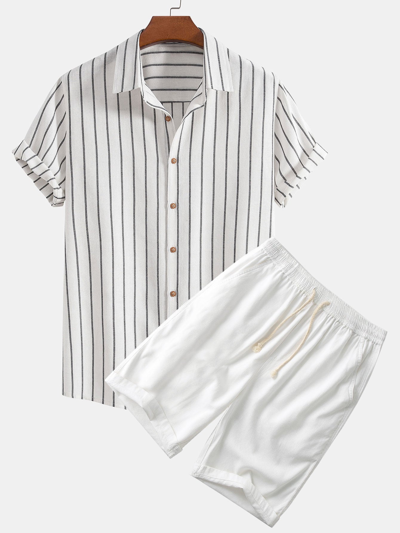 Ensemble — chemise rayée en coton mélangé & short en lin et coton