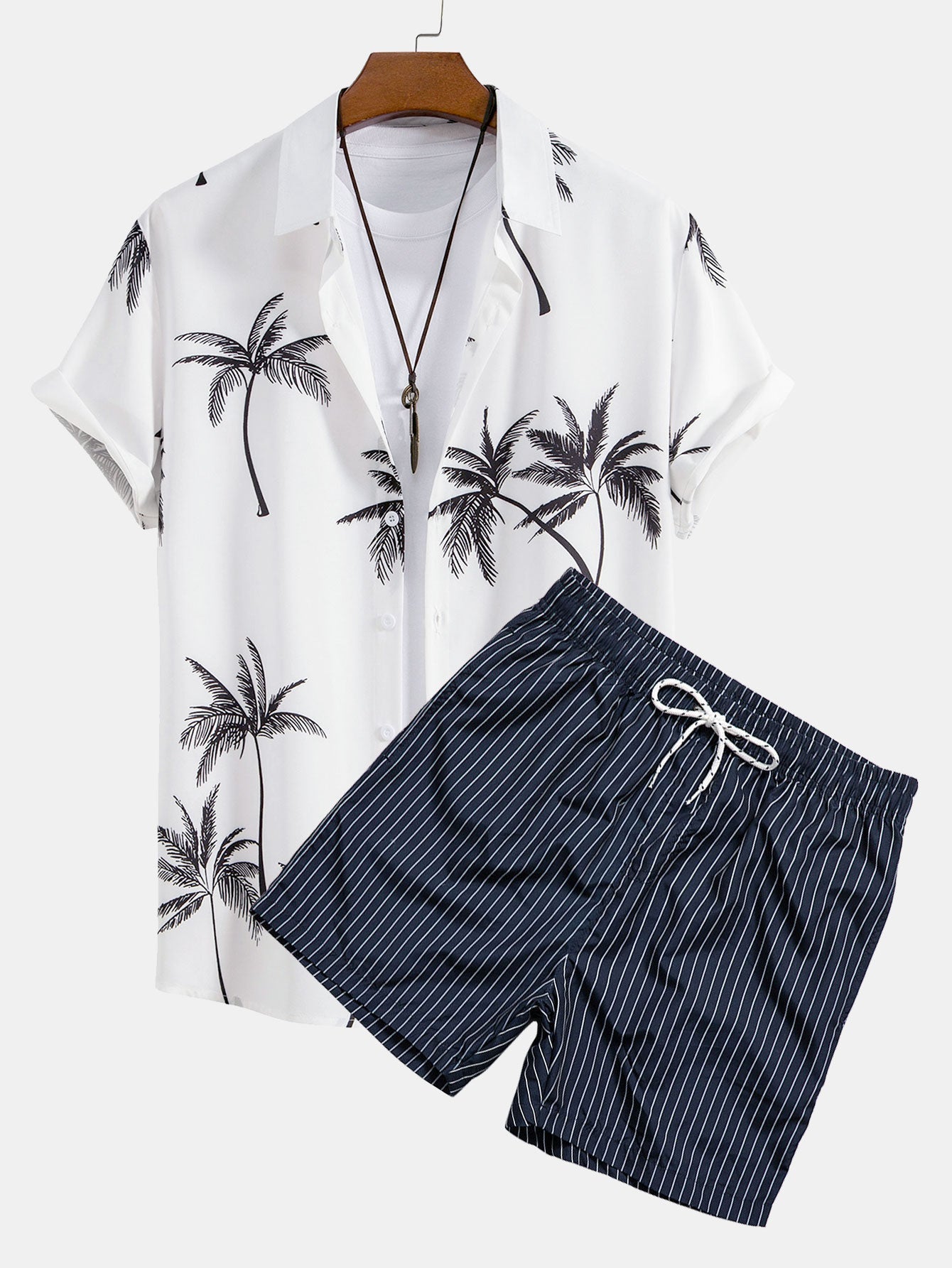Ensemble Capucine — chemise à imprimé palmiers & short de bain à imprimé rayé