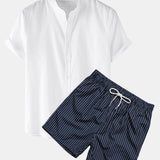 Ensemble — chemise en lin à manches courtes & short de bain à imprimé rayé