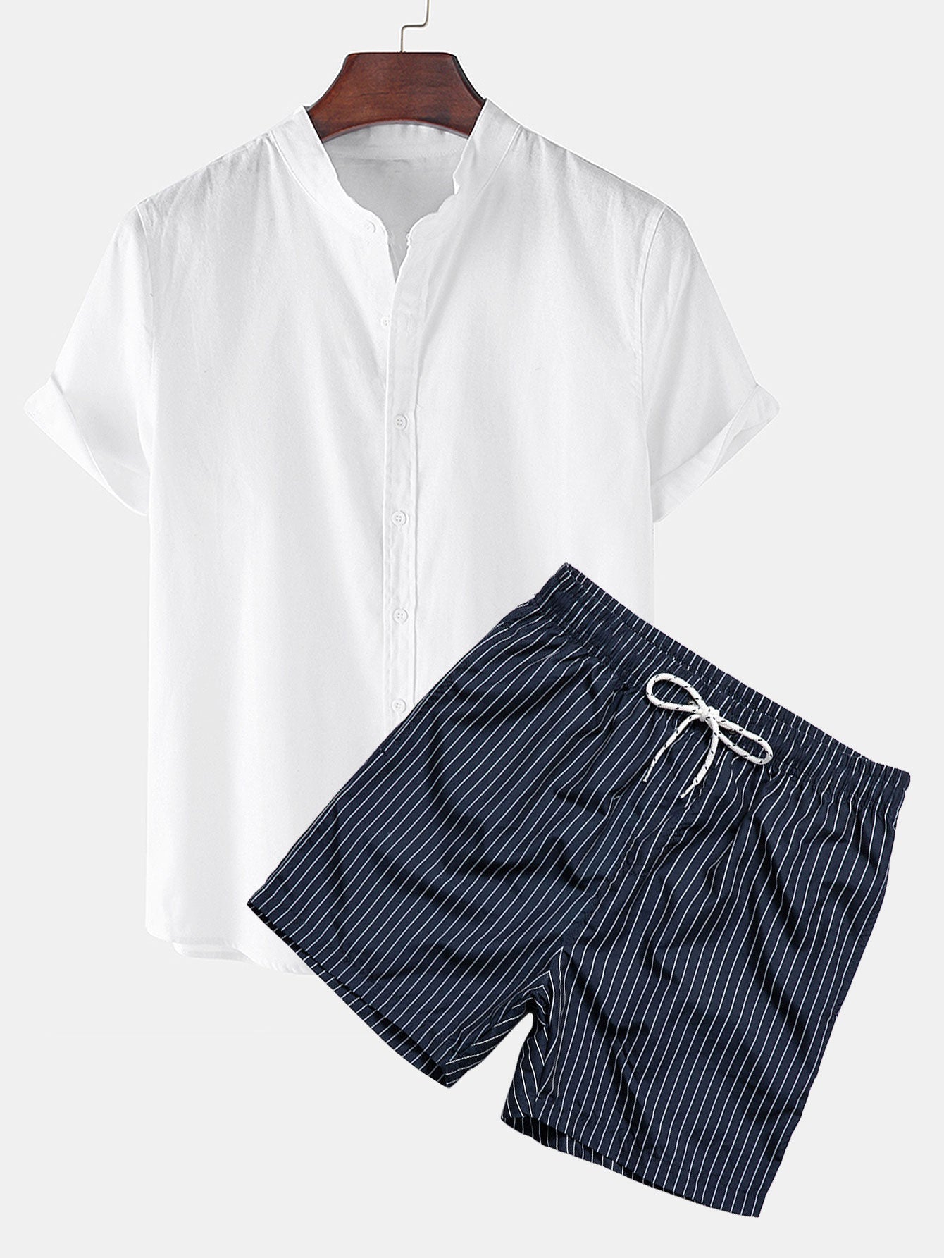 Ensemble — chemise en lin à manches courtes & short de bain à imprimé rayé