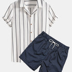 Ensemble — chemise cubaine rayée en coton mélangé & short de bain à imprimé rayé