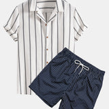Ensemble — chemise cubaine rayée en coton mélangé & short de bain à imprimé rayé