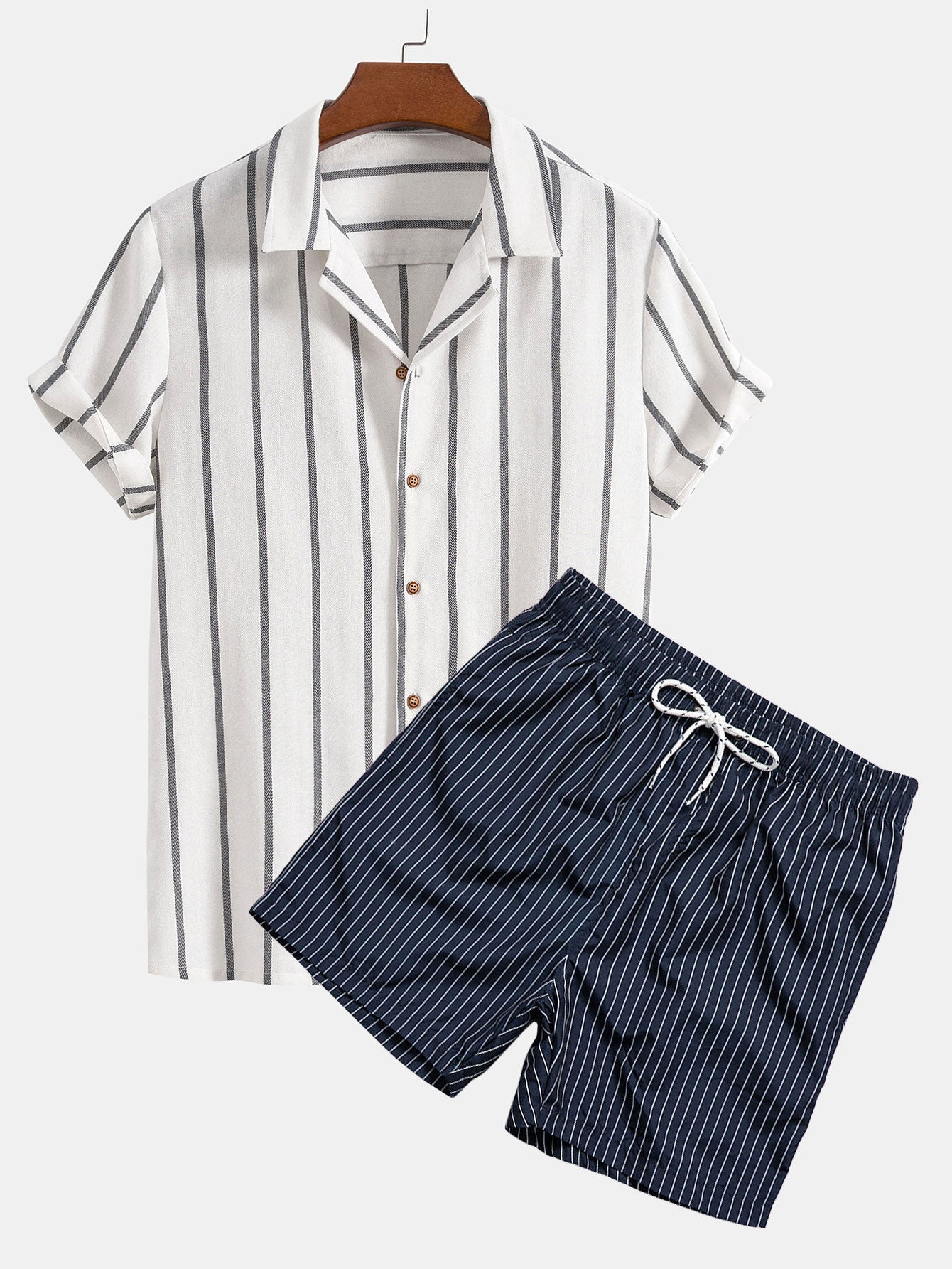 Ensemble — chemise cubaine rayée en coton mélangé & short de bain à imprimé rayé
