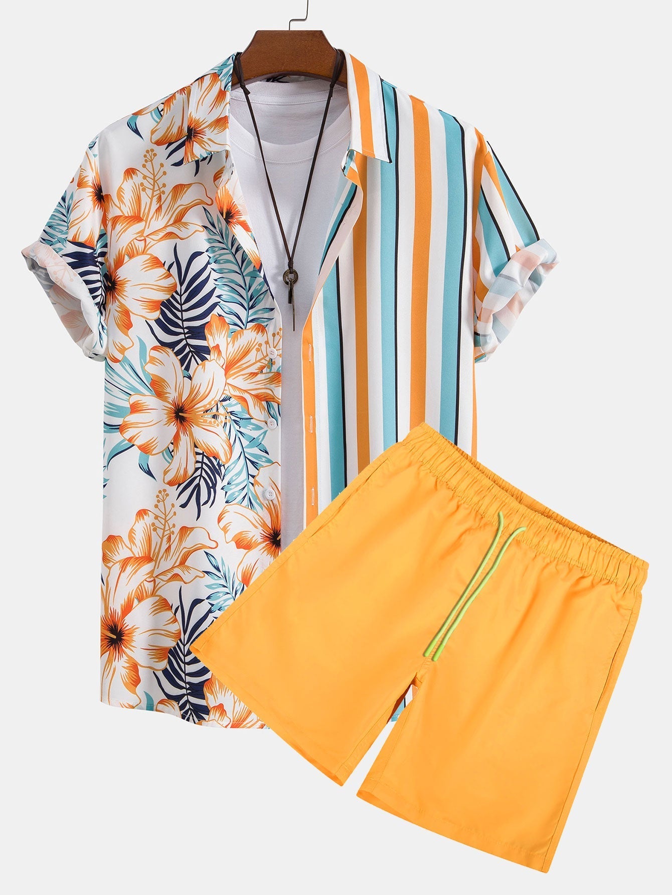 Ensemble — chemise à empiècements rayés tropicaux & short de bain