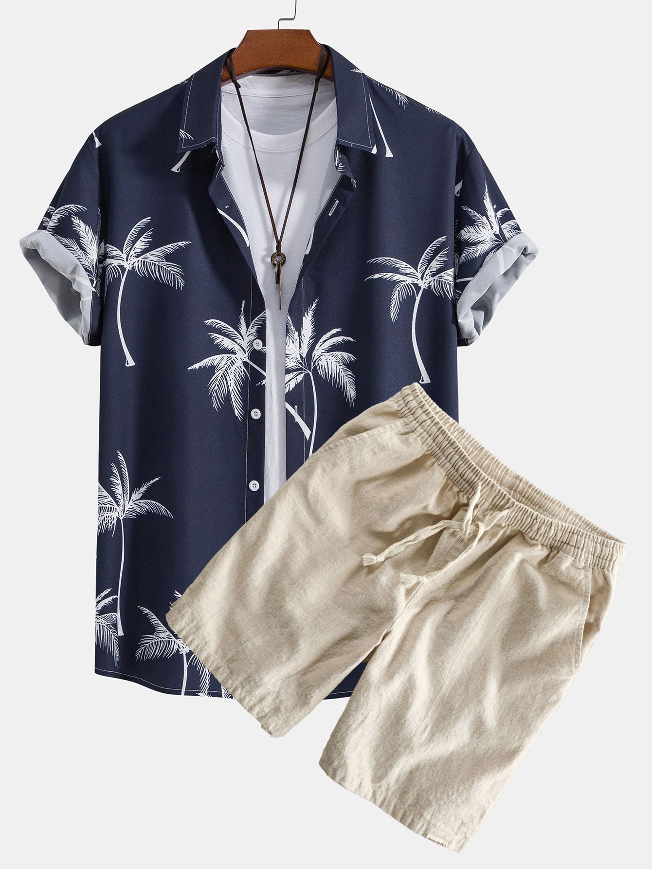 Ensemble — chemise à imprimé palmiers & short à cordon en lin et coton