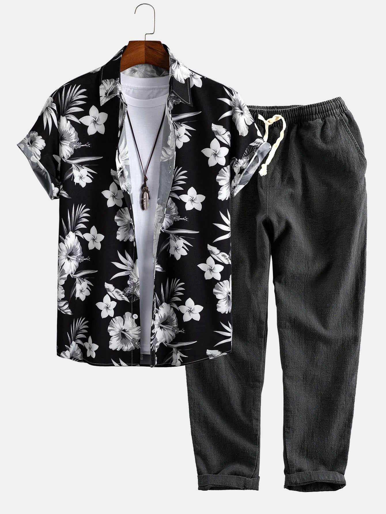 Ensemble — chemise à imprimé floral tropical & pantalon court en lin et coton