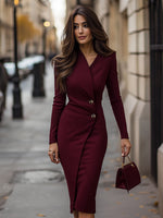Robe Midi Boutonnée Style Enveloppant Bordeaux