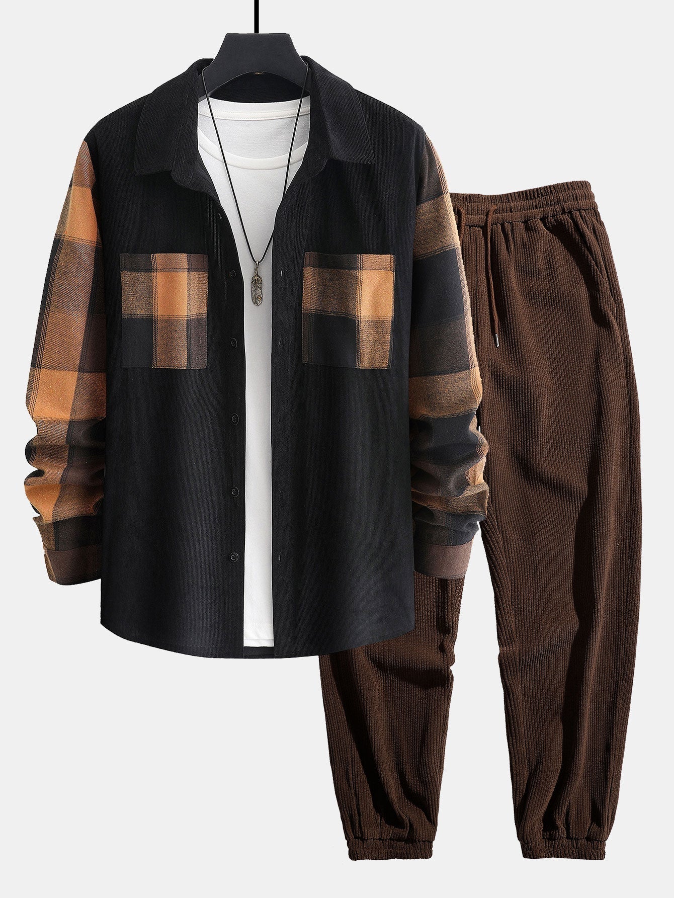 Ensemble — chemise à empiècements à carreaux en velours côtelé & pantalon de jogging en velours côtelé