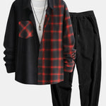 Ensemble — chemise à empiècements à carreaux en velours côtelé et manches longues & pantalon de jogging en velours côtelé