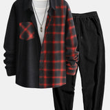 Ensemble — chemise à empiècements à carreaux en velours côtelé et manches longues & pantalon de jogging en velours côtelé