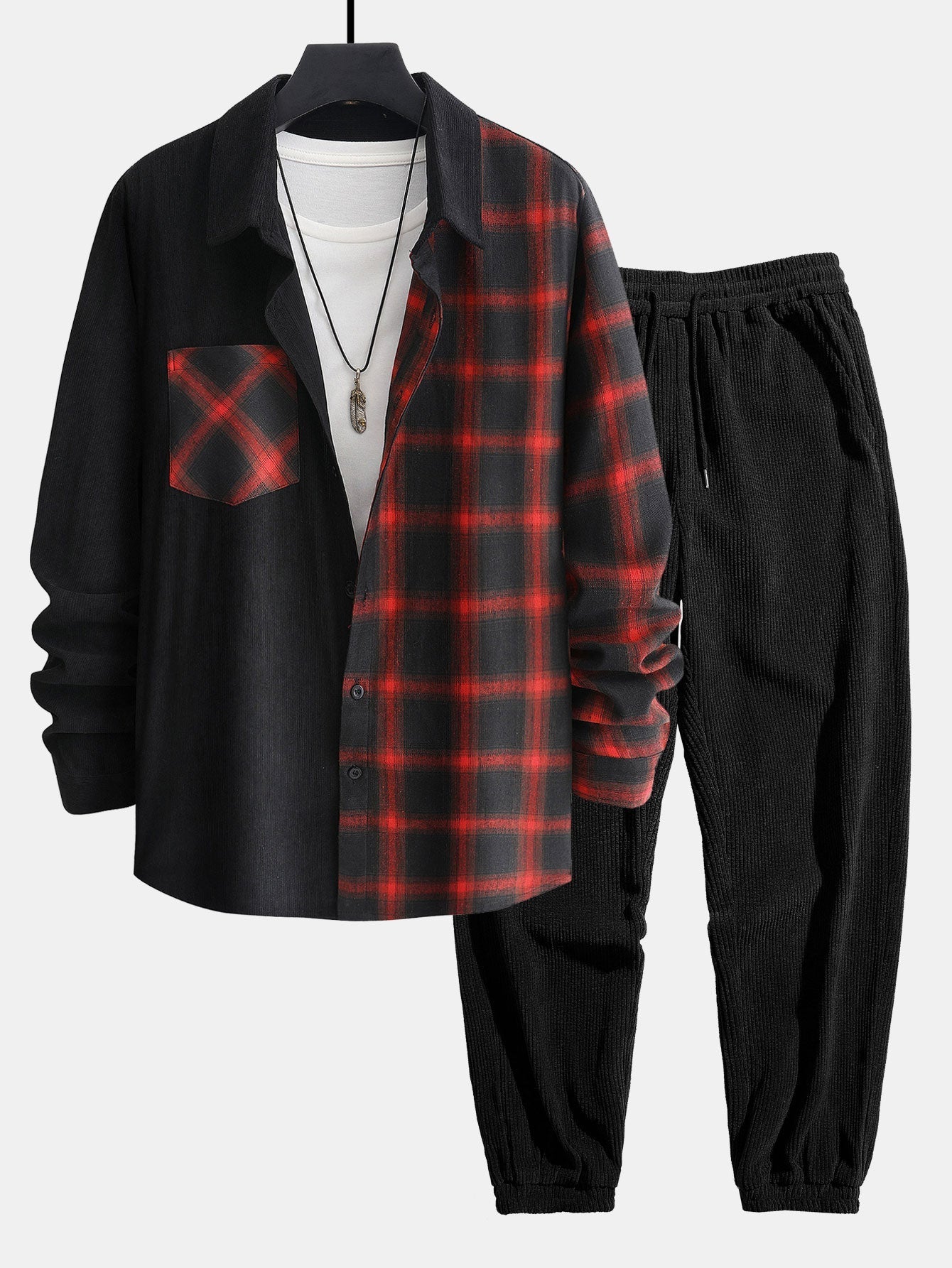 Ensemble — chemise à empiècements à carreaux en velours côtelé et manches longues & pantalon de jogging en velours côtelé