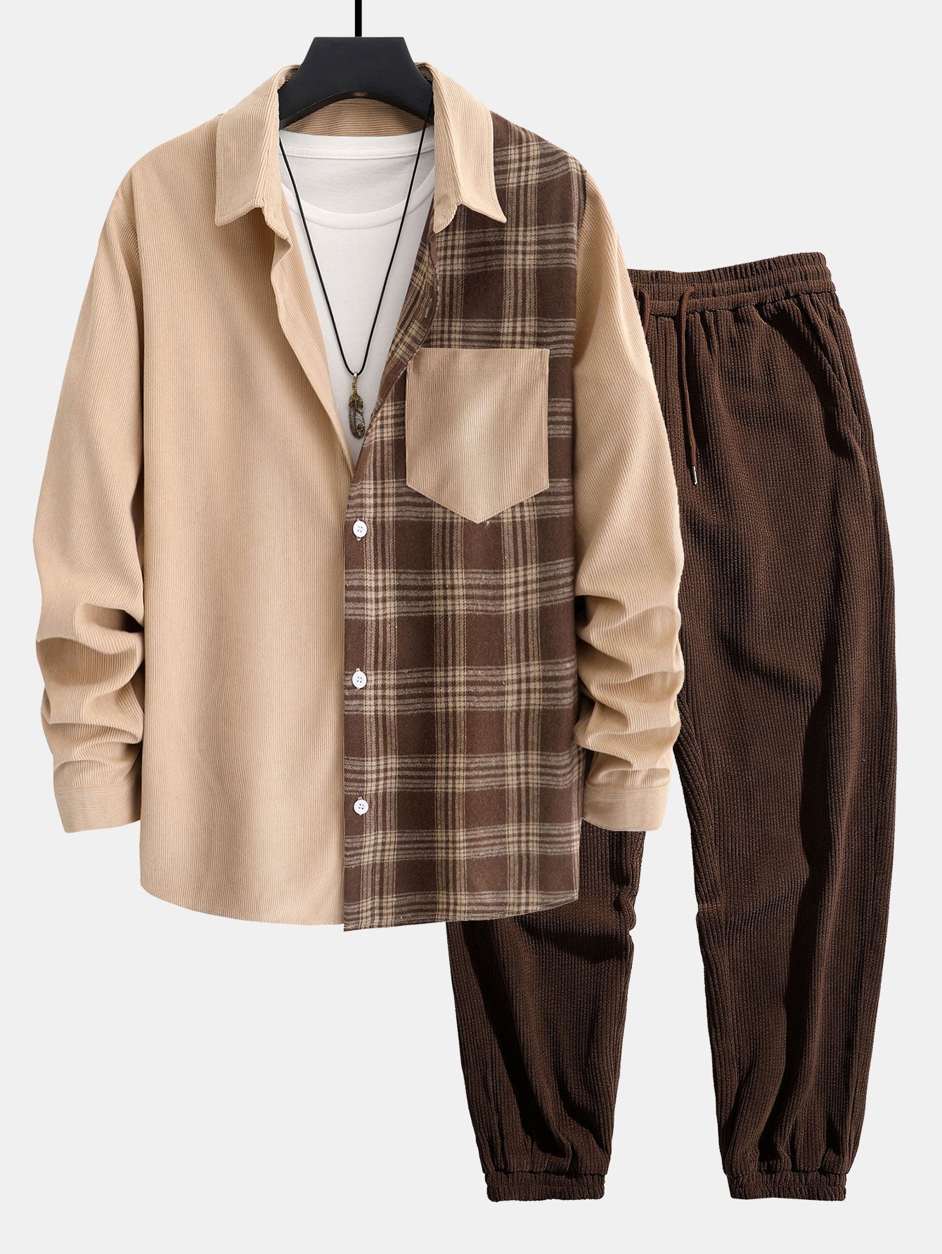 Ensemble — chemise patchwork à carreaux en velours côtelé & pantalon de jogging en velours côtelé