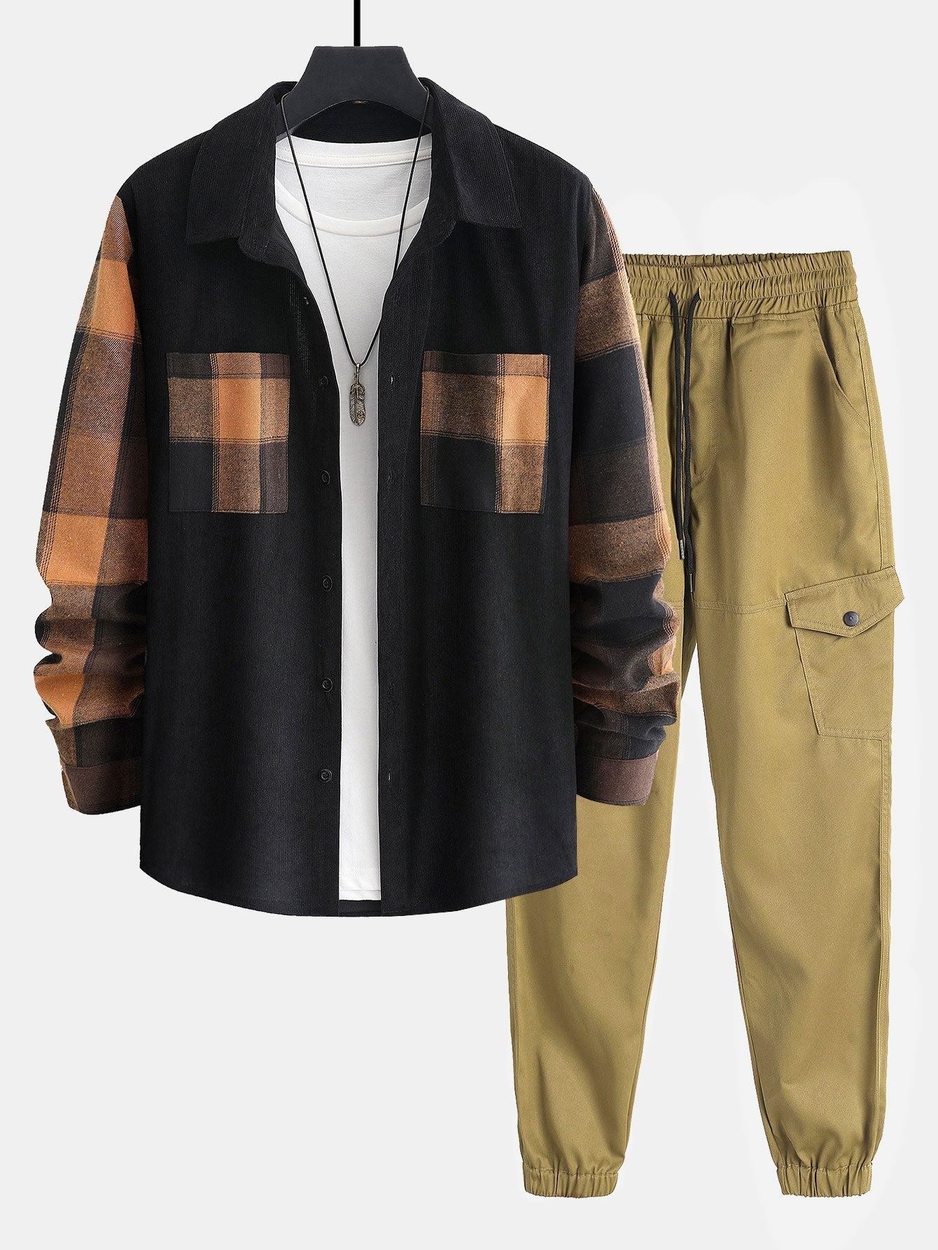 Ensemble — chemise à empiècements à carreaux en velours côtelé & pantalon cargo de jogging chino