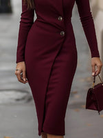 Robe Midi Boutonnée Style Enveloppant Bordeaux