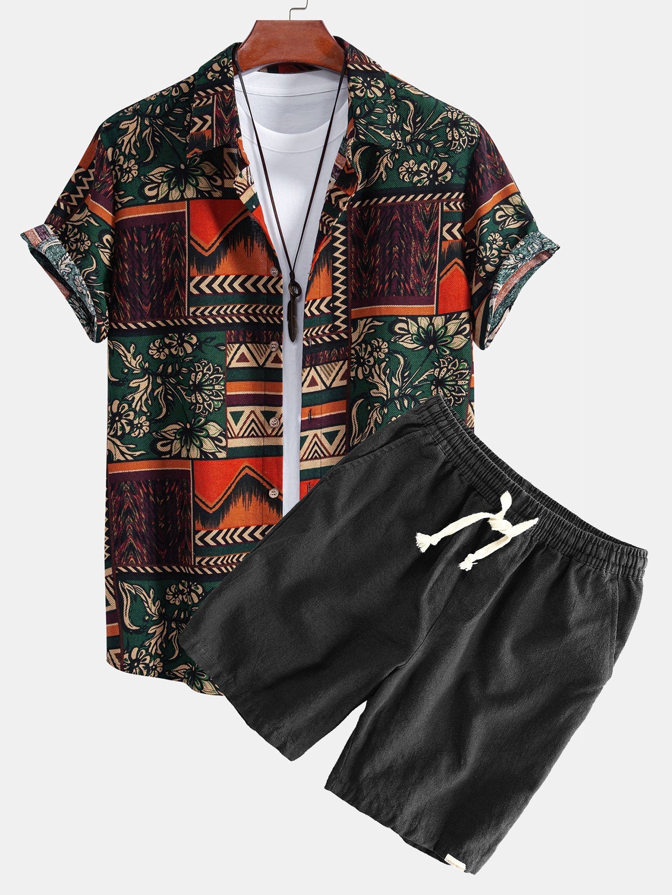 Ensemble Améline — chemise en coton à imprimé patchwork floral géométrique & short en lin et coton