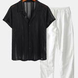 Ensemble — chemise texturée en maille & pantalon en lin à jambe droite