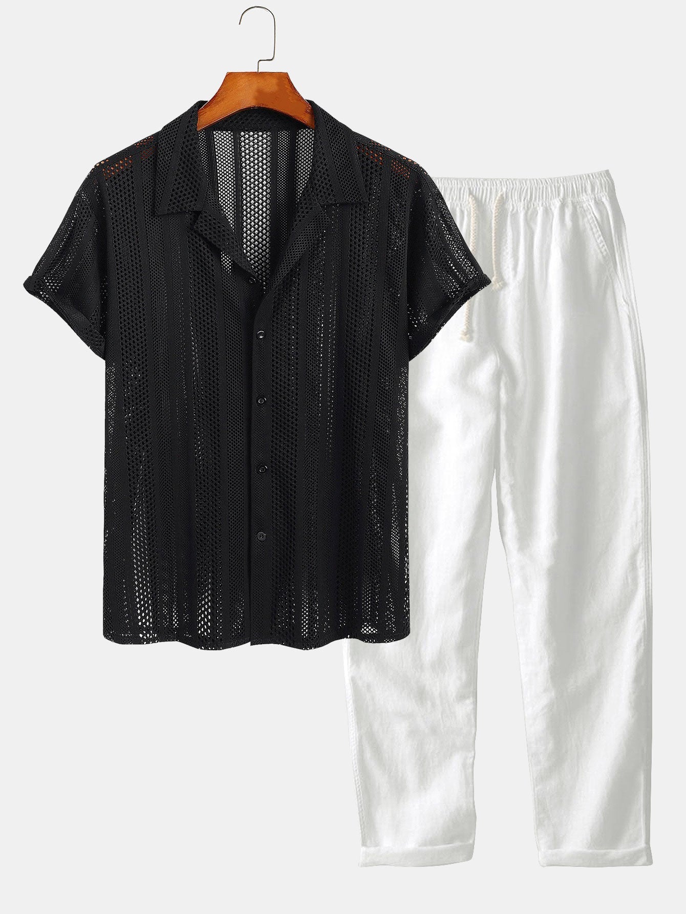 Ensemble — chemise texturée en maille & pantalon en lin à jambe droite