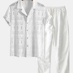 Ensemble — chemise cubaine texturée géométrique à manches courtes & pantalon en lin