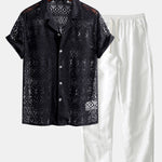 Ensemble — chemise cubaine texturée géométrique à manches courtes & pantalon en lin