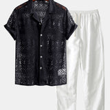 Ensemble — chemise cubaine texturée géométrique à manches courtes & pantalon en lin