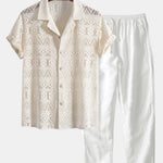 Ensemble — chemise cubaine texturée géométrique à manches courtes & pantalon en lin