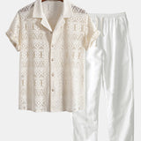 Ensemble — chemise cubaine texturée géométrique à manches courtes & pantalon en lin