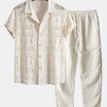 Ensemble — chemise cubaine texturée géométrique à manches courtes & pantalon en lin