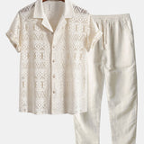 Ensemble — chemise cubaine texturée géométrique à manches courtes & pantalon en lin