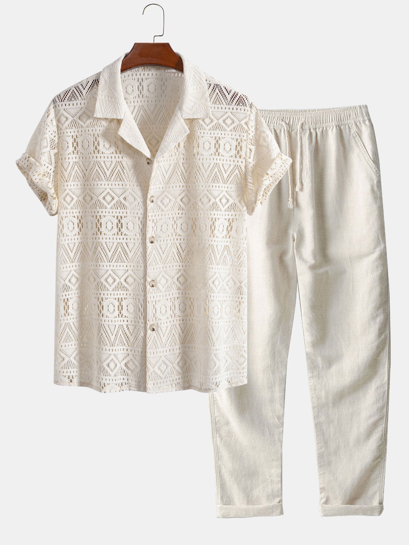 Ensemble — chemise cubaine texturée géométrique à manches courtes & pantalon en lin