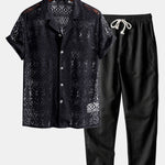 Ensemble — chemise cubaine texturée géométrique à manches courtes & pantalon en lin