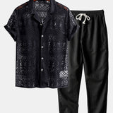 Ensemble — chemise cubaine texturée géométrique à manches courtes & pantalon en lin