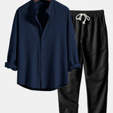 Ensemble — chemise côtelée à col officier et manches longues coupe ajustée & pantalon en lin