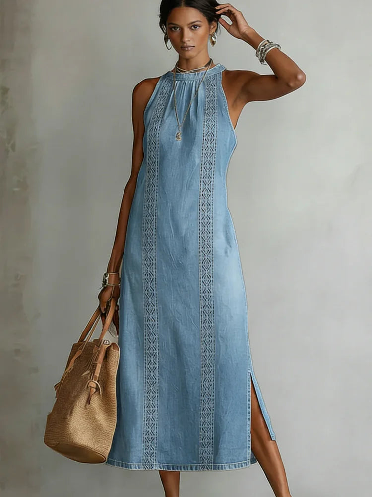 Robe Longue en Jean à Col Montant et Broderie