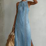 Robe Longue en Jean à Col Montant et Broderie