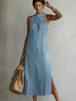 Robe Longue en Jean à Col Montant et Broderie