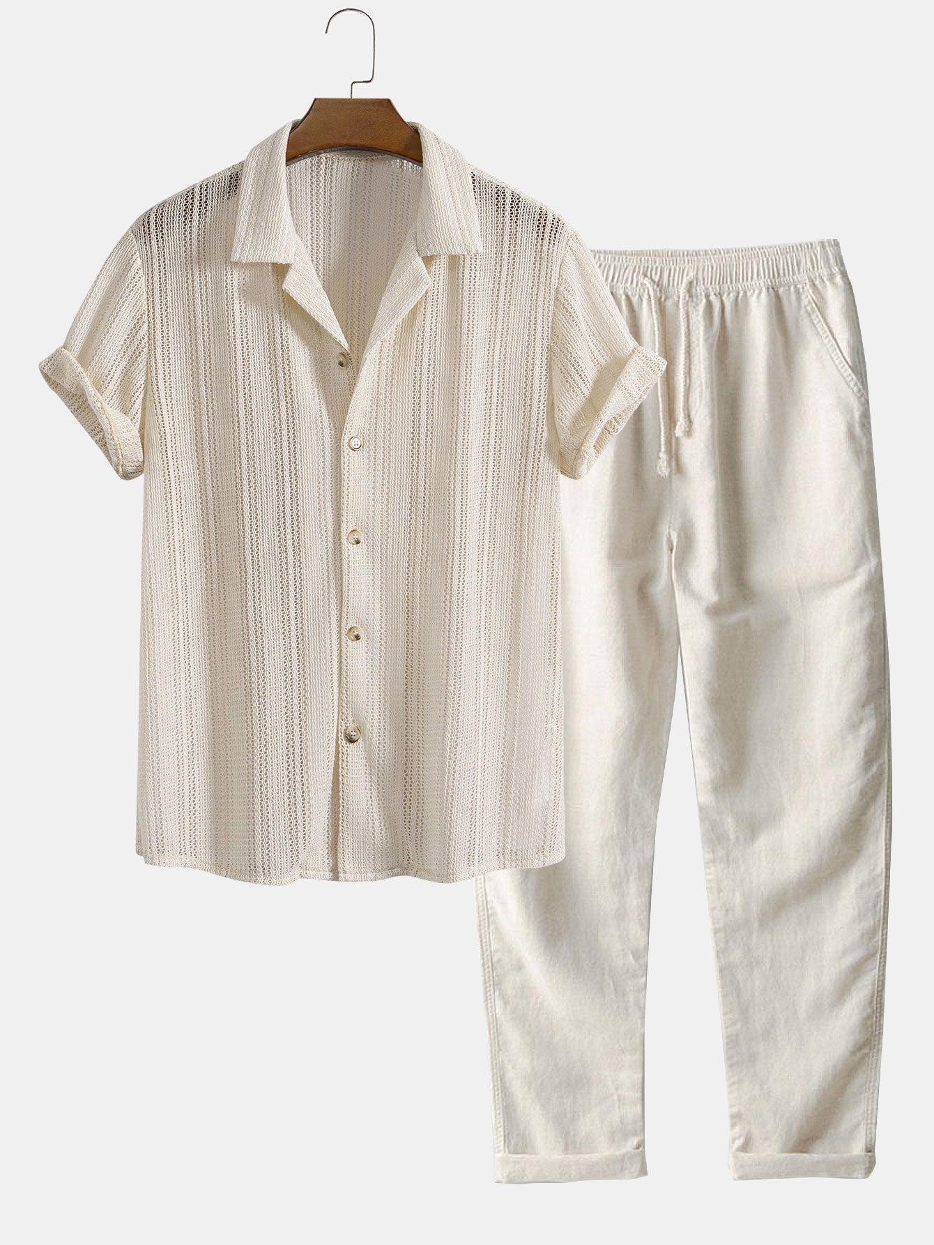Ensemble — chemise cubaine texturée & pantalon en lin à jambe droite