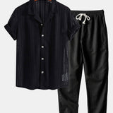 Ensemble — chemise cubaine texturée & pantalon en lin à jambe droite