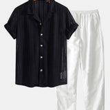 Ensemble — chemise cubaine texturée & pantalon en lin à jambe droite