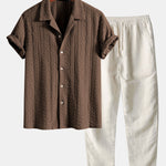Ensemble Capucine — chemise cubaine texturée jacquard géométrique & pantalon en lin à jambe droite