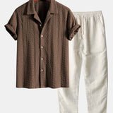 Ensemble Capucine — chemise cubaine texturée jacquard géométrique & pantalon en lin à jambe droite