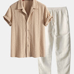 Ensemble Capucine — chemise cubaine texturée jacquard géométrique & pantalon en lin à jambe droite