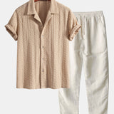 Ensemble Capucine — chemise cubaine texturée jacquard géométrique & pantalon en lin à jambe droite