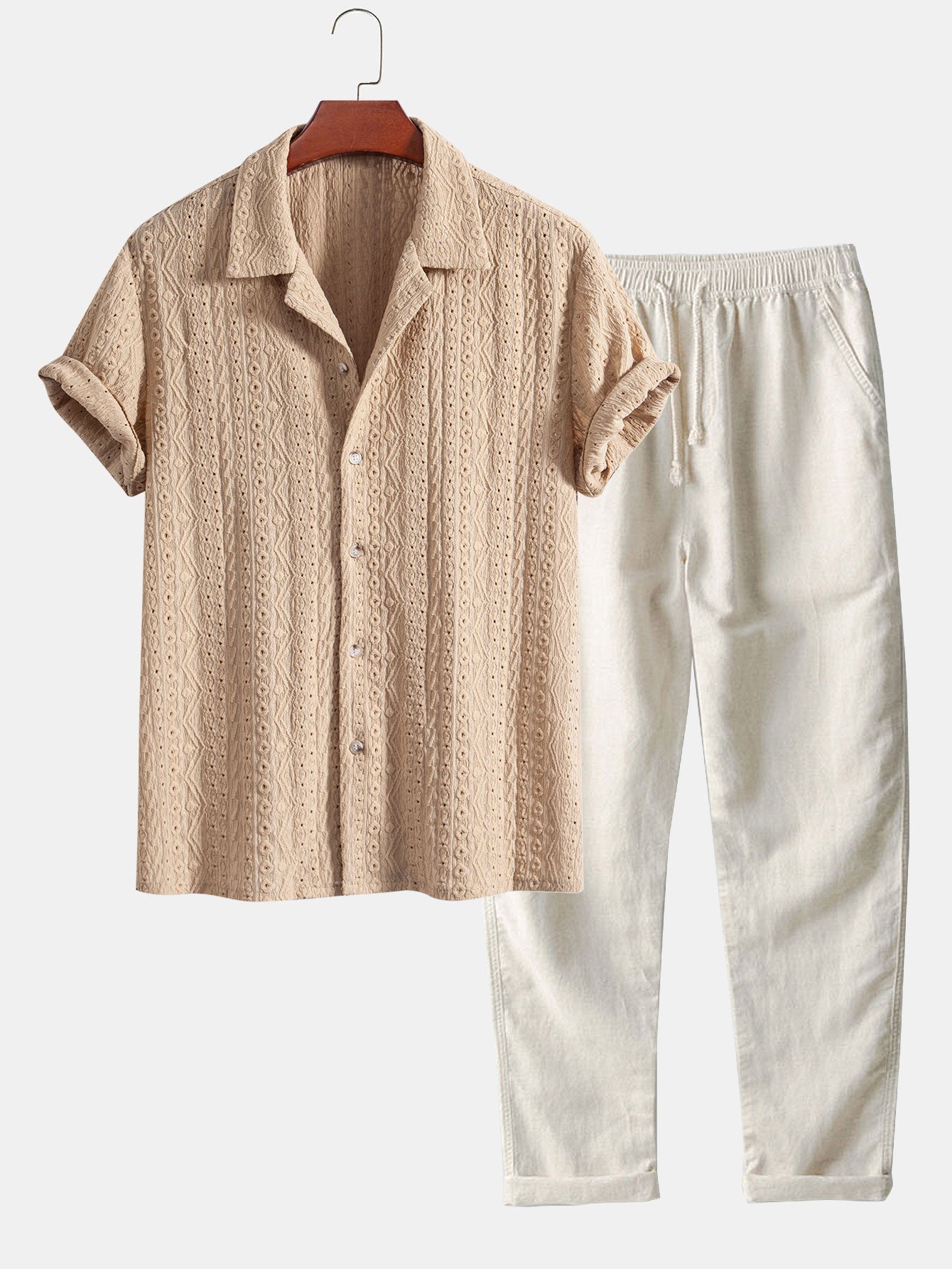 Ensemble Capucine — chemise cubaine texturée jacquard géométrique & pantalon en lin à jambe droite