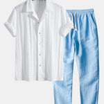 Ensemble Capucine — chemise cubaine texturée jacquard géométrique & pantalon en lin à jambe droite