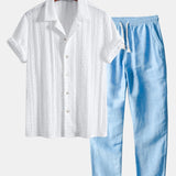 Ensemble Capucine — chemise cubaine texturée jacquard géométrique & pantalon en lin à jambe droite